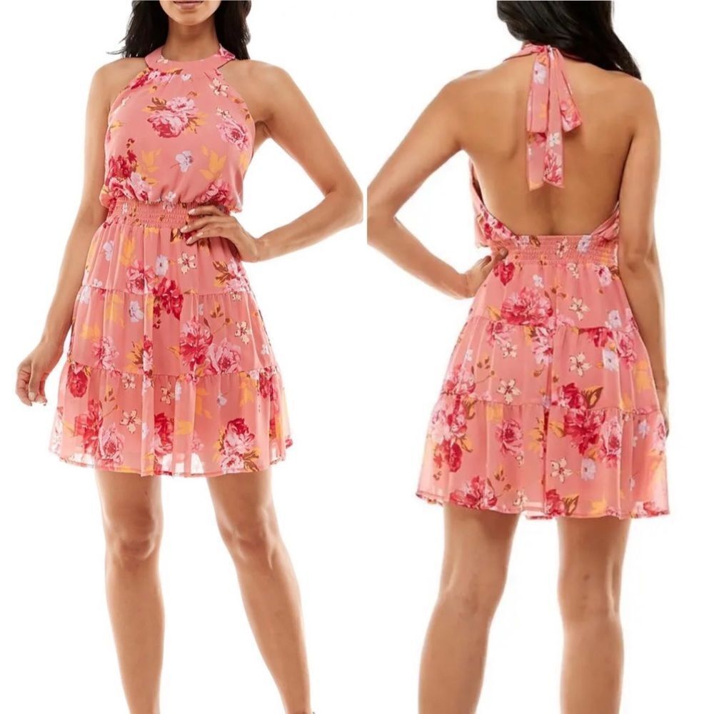 Emerald Sundae Floral Print Open Back Halter Sleeveless Mini Dress Sz XS NWOT